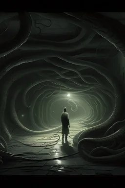 A surreal scene a tunnel-like structure filled with intertwined gray snakes heads , The tunnel is lined with countless writhing aliens bodies, creating a chaotic and nightmarish atmosphere. At the end of the tunnel, a solitary figure walks towards a distant light source, casting a glow that illuminates the scene. The overall color palette is muted with shades enhancing the ominous and unsettling mood. The level of detai