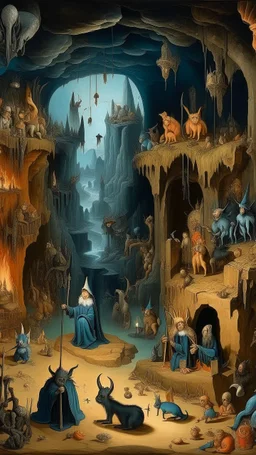 Bosch painting style nightmare, city under ground with dim lights and small fires in the scary caves a king sitting on a throne surrounded by his guards and animals
