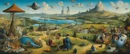 Salvador Dali & Hieronymus Bosch greet each other at an outdoor surrealist market, in a beautiful surreal outdoor countryside summer scene with patchwork fields & hedgerow, rolling hills, interesting dwellings, many pathways & stairways, streams, waterfalls, waterwheels, & a flock of dream-like sky-fish fly high in the far distant sky : very high detail, photorealistic, epic cinematic, 8K, Large depth of field