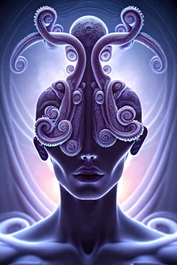 Spiritual being with Tentacles over human Head creating reality around, wrapping Spiral around Human, Psychedelic