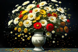 A full portrait of a beautiful colorful daisies bouquet in a vase, Van Gogh Style, full frame, facing frontal, with very detailed red machine components, white color background, bright background landscape, ornate, intricate, complex, highly detailed, digital painting, smooth, art by tom bagshaw, akihiko yoshida, highly detailed, realistic, Van Gogh.