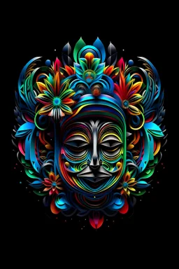 logo design, complex, trippy, bunchy, 3d lighting, realistic head, colorful, floral, flowers, cut out, modern, symmetrical, center, abstract, vibrant colors, circular shape, black background, texture, high detail