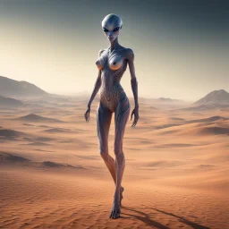 Amidst the desolate landscape, a female alien emerged from the shimmering heat haze. Her form was unlike anything seen on Earth, yet strangely captivating. Multiple eyes, each a different hue, scanned the horizon with the precision of advanced sensors. As she moved across the barren terrain, her movements were fluid and graceful, Each limb moved with purpose, adjusting her trajectory across the sandy expanse. Occasionally, she would pause, Her communication came not in words, but in pulses of li