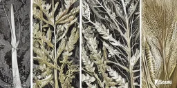 herbarium page, highly detailed, fantasy plants, thin gold details, cool white, black background, intricate digital painting by denis sarazhin