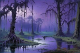 A purple haunted swamp with ghostly spiders painted by Claude Monet