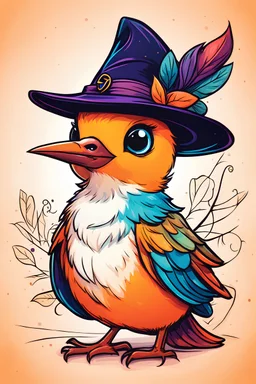 baby illustration of a bird in a witch's hat, in cartoon style, thick lines, few details, bright colors