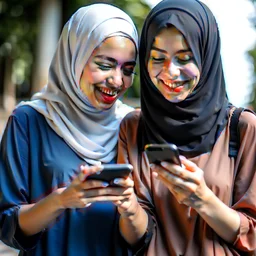 Happy Female students wearing hijab watching smartphone