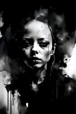 A atmospheric abstract portrait of a women (neofigurative, abstractionism). Look like a watercolor. All black. Horror