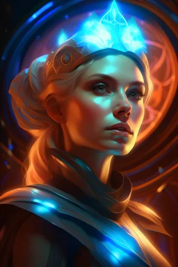 portrait of a galactic woman from the Pleiades digital painting, neon photorealistic galactic technological, art by , Krenz Cushart Alphonse Mucha, in the style of , Star wars Deviant art, crepuscular rays fire, 4k post-processing hyper realistic fine details intricate scenery Octane