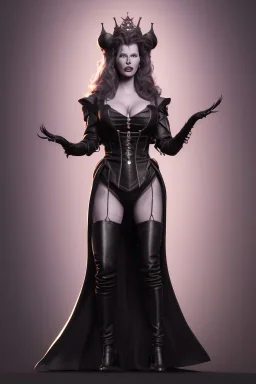 Kim Basinger as evil queen in black leather, busty, cleavage, curvy, angry, stern look. character design by cory loftis, fenghua zhong, ryohei hase, ismail inceoglu and ruan jia. unreal engine 5, artistic lighting, highly detailed, photorealistic, fantasy