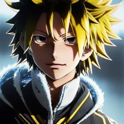 Detailed anime portrait of denki my hero academia, yellow hair, black suit, intricate details, full body portrait, keep head in frame, slight smile, black Japanese motif, concept art, highly detailed, digital painting, concept art, sharp focus, illustration, art by Yoji Shinkawa, WLOP and greg rutkowski and alphonse mucha and artgerm and yanjun Chen and Junji ito and Makoto Shinkai, HDR, octane render