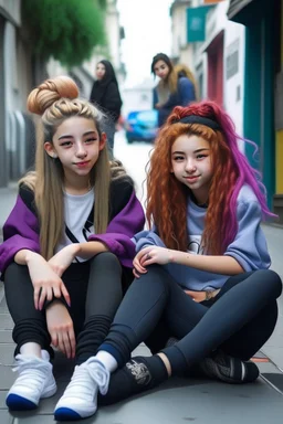 iki kız beraber sokakta oturuyorlar yaşları daha büyük liseliler daha renkli kızlardan birinin saçı kabarık diğerininki ise biraz uzun geniş açı ikisininde vücudu tam görünsün 2 boyutlu çizgi roman tarzı