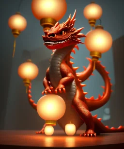 cute chinese baby dragon surrounded by lanterns, colorful detailed photo realistic 3d pixar render 4k, trending on artstation