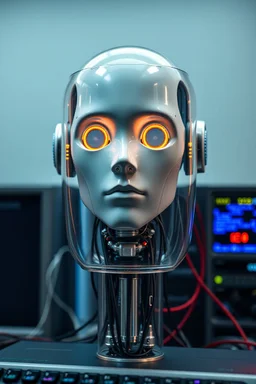 Photo of real longs on robot face inside A glass cylinder connected with wires to main computer