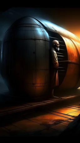 in the back lot of a warehouse, sci fi big stasis capsule for a human, unique, oblong, fantasy art, painting