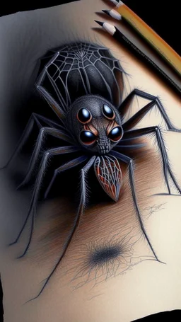 pencil drawing of a spider. Spooky, scary, halloween, colored pencils, realistic, black paper