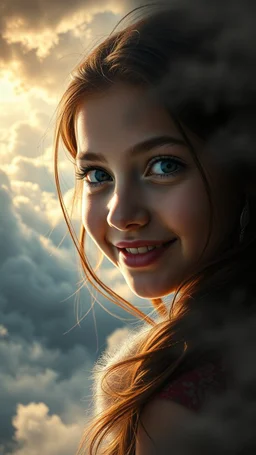 A beautiful eyes of a young girl smiling with a long earring above swirling clouds, emerges from the heart of a raging storm. Turbulent winds of steam swirl around the louds lit by shafts of sunlight that cast dramatic shadows on the A beautiful woman High quality 16k cinematic scene and great photography