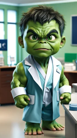 Little baby hulk, full portrait looking at the camera realistically, in a doctor's office dressed as a doctor in 8K UHD resolution