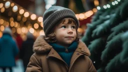 Little boy in a hat and coat on the background of a Christmas tree, christmas market, winter season, happy holidays
