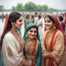 Hyper Realistic Traditional Pakistani girls & women smiling & talking to each other & wearing traditional desi outfit at cloudy weather riverside with lots of other people