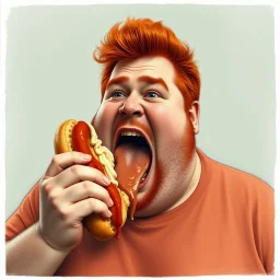fat man with red hair eating a big hot dog, realistic photo, big mouth open, "Karlsson på taket" vibes