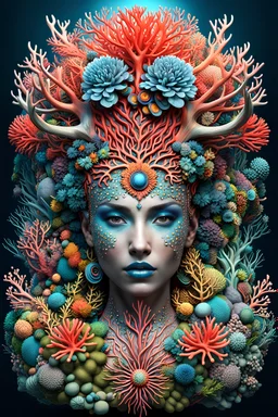 3D rendering of Expressively detailed and intricate of a hyperrealistic “coral”: front view, colorful, antler, rainforest, tribalism, detailed with flowers, shamanism, cosmic fractals, dystopian, octane render, 8k post-production, dendritic, artstation: award-winning: professional portrait: atmospheric: commanding: fantastical: clarity: 16k: ultra quality: striking: brilliance: stunning colors: amazing depth