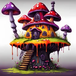 A weird mushroom house with drippy spots and eyeballs on a floating island. black red purple yellow. Detailed gloss Painting, rich color, fantastical, intricate detail, splash screen, hyperdetailed, insane depth, concept art, 8k resolution, trendi