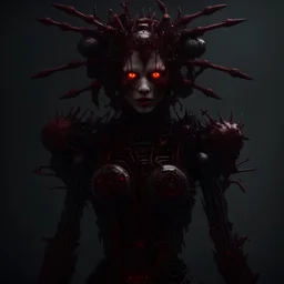 Demonic mechanical creepy aggressive necrophage zombie undead girl with scary red eyes, in a spiky mechanical suit with tubes, dark fantasy horror, Filigree, Aesthetically pleasing, Realistic, Professional photo, 4k, hight resolution, higly detailed, 30mm lens, 1/250s, f/2.8, ISO 100