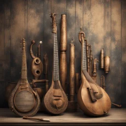 Hyper Realistic eastern classical musical instruments with grungy rustic musical background