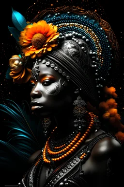 Beautiful african woman portrait bioluminescence gradient african elephant portrait, textured detailed fur adorned with bioluminescence malachit colour rennaisance style black and white and Golden pearls, beads and black diamond headdress and masque, orange lily florals, organic bio spinal ribbed detail of detailed creative rennaisance style ornate lwhite colour florwers background by the moonlight extremely detailed hyperrealistic maximálist concept art