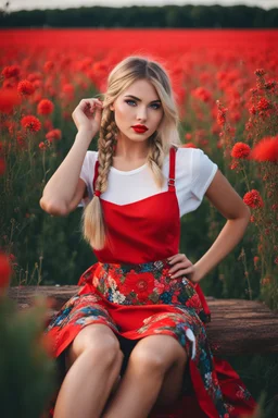 Beautiful russian girl, blonde hair, bold lipstick, wild color full flower field, braided bangs, braided bobcut, solo, apron,thick thighs, side-tie panties, black hair, 18yo,(on back:1.2) ,red dress, portrait