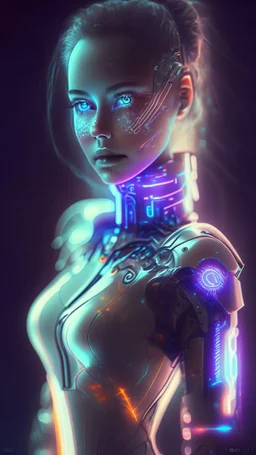 Image d'un cyborg femme humanoid futuriste avec un regard aguicheur et un peu de glow effect visible jusqu'aux hanches