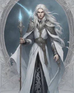 a young High Elf frost Wizard with long wiry hair, wearing a black trimmed white nobleman's robe and frost ornaments on clothes, holding an ornate wizard's staff.