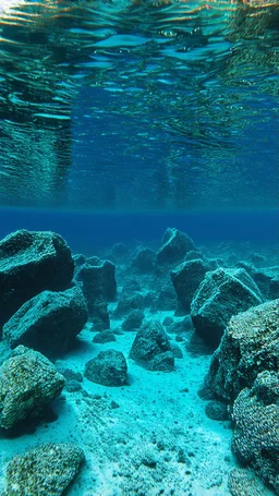 Подводные Скалы. Показать спокойную гладь воды, под которой едва угадываются острые скалы.