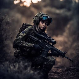 Junior officer, girl army soldier scouting alone (bullet hole midnight Camo Face Paint) in the bush in an alien planet looking for targets of opportunity. High resolution, nighttime shot, epic pic