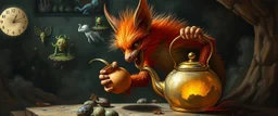 fuzz sponge tube gremlin fox demon in the astral realm with a tea kettle, painted by Rembrandt