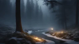 fir forest scenery, heavy mist,,creek,forest,christmas ,tree,fireflies,night,snow,fir tree,high-quality photograph,photorealistic, shot on Hasselblad h6d-400c, zeiss prime lens, bokeh , high detail, smooth render, unreal engine 5, cinema 4d, HDR, dust effect, vivid colors,night