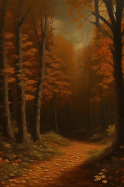 A dark orange autumn season woodland with falling leaves painted by Leonardo da Vinci