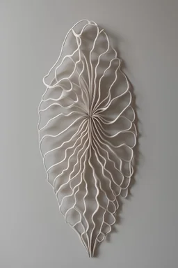 Escultura orgánica en muro con tonos neutros, estilo minimalista