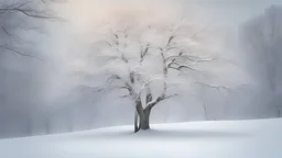 Beautiful snow covered tree, lots of bare branches, mystical, fine art, extremely detailed, lovely faded background