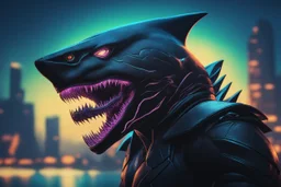 Black shark in 8k solo leveling shadow artstyle, symbiote effects, blue lights, sea, neon lights, intricate details, highly detailed, high details, detailed portrait, masterpiece,ultra detailed, ultra quality