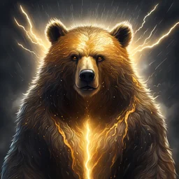 A Archdruid bear with glowing gold fur and fierce eyes ready to charge and raining lightning down upon all, in glass paint art style