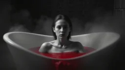 monochrome photo of very blur face pale woman sitting in bath tube around her red water, in bath, blur fog, background one black demonic shadow, dark gray old wall, darkness around, sad, surreal dark vibe, dark colors, in wall circle dark deep abyss,splash art, cinematic, depressive vibe