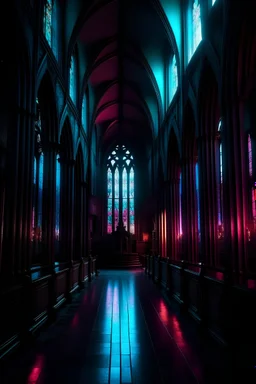 a look from the inside of a noir furry neon bright cathedral, hyper realism, photo realism, realistic lighting, realistic color grading