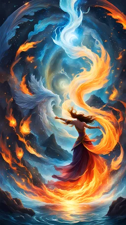 a scene where magical beings representing different elements converge in a harmonious dance. Emphasize the details of fire, water, earth, and air intertwining in a visually captivating display of elemental magic.
