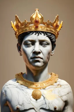 Ultra Realistic image, classic sculpture, white marble material, Maradona, gold laurel leaves crown, gold veins, gold ornaments, sun rays background, waist up portrait, epic, celestial, cinematic lighting, God lights, 4k resolution, smooth details, soft lighting, unreal engine 5, art station, substance 3d.