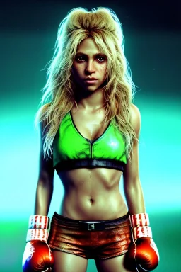 portrait, Shakira, blonde artist, angry, Realistic image, boxing robe, hoodie dress. loose long hair, eyes make up, perfect, glow, circle iris. Neon colors, leds, geometric shapes. Dark background, photo studio, neon lights. Mad max, concept art, smooth, unreal engine 5, god lights, ray tracing, RTX, lumen lighting, ultra detail, volumetric lighting, 3d, finely drawn, high definition, 4k.