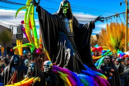cartoonish jesus parade balloon pulled by multiple grim reapers, multi colored, bright, vivid, psychedelic, high detailed, high gloss, insanely detailed, matte, horrorcore, lining the street, unsettling contrast, monument to death, live action shot grim reaper parade, pulling a jesus parade float