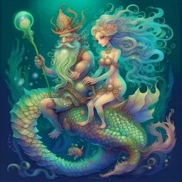 luminescent. mystical, mermaid gnome couple with long curly fancy flowing tail. Riding a seahorse, Marine life Background. perfect facial features. Hyperdetailed, dreamlike.