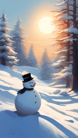 The illustrator skillfully captured the beauty of the landscape, the sun shining brightly in the morning, and the snowman casting a taller, clearer, and more beautiful shadow.